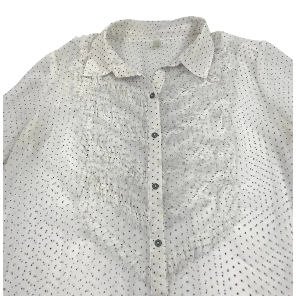 FREE PEOPLE Polka Dot Chiffon Sheer Tux Top Sz M White/Black Boho Retro Coastal